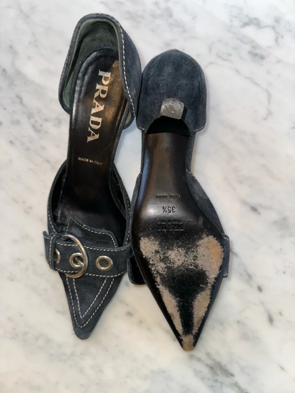 Vintage Prada Navy Suede Pointed Kitten Heels with Buckle Sz 35.5 - Picture 6 of 8